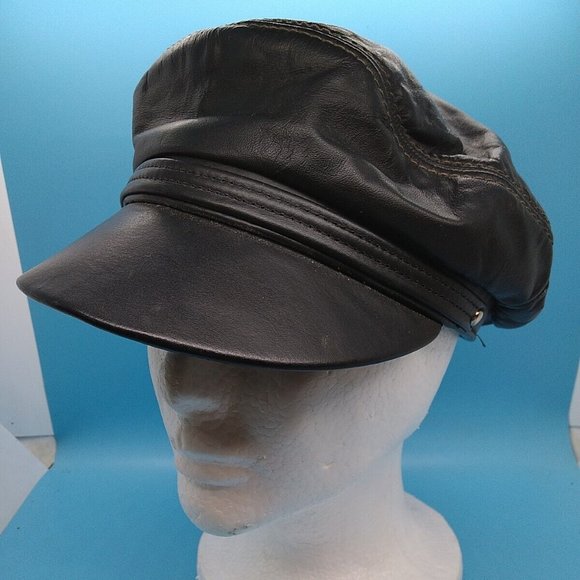 Henschel Men's Black Leather Stretch Lightweight Peaked Hat Size Small Biker - Picture 1 of 6